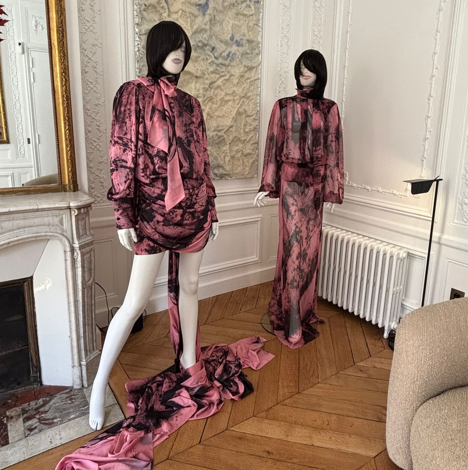 Joanna Hawrot, Visible Futures: pink and black textile pieces on mannequins in the salon of Maison Markul