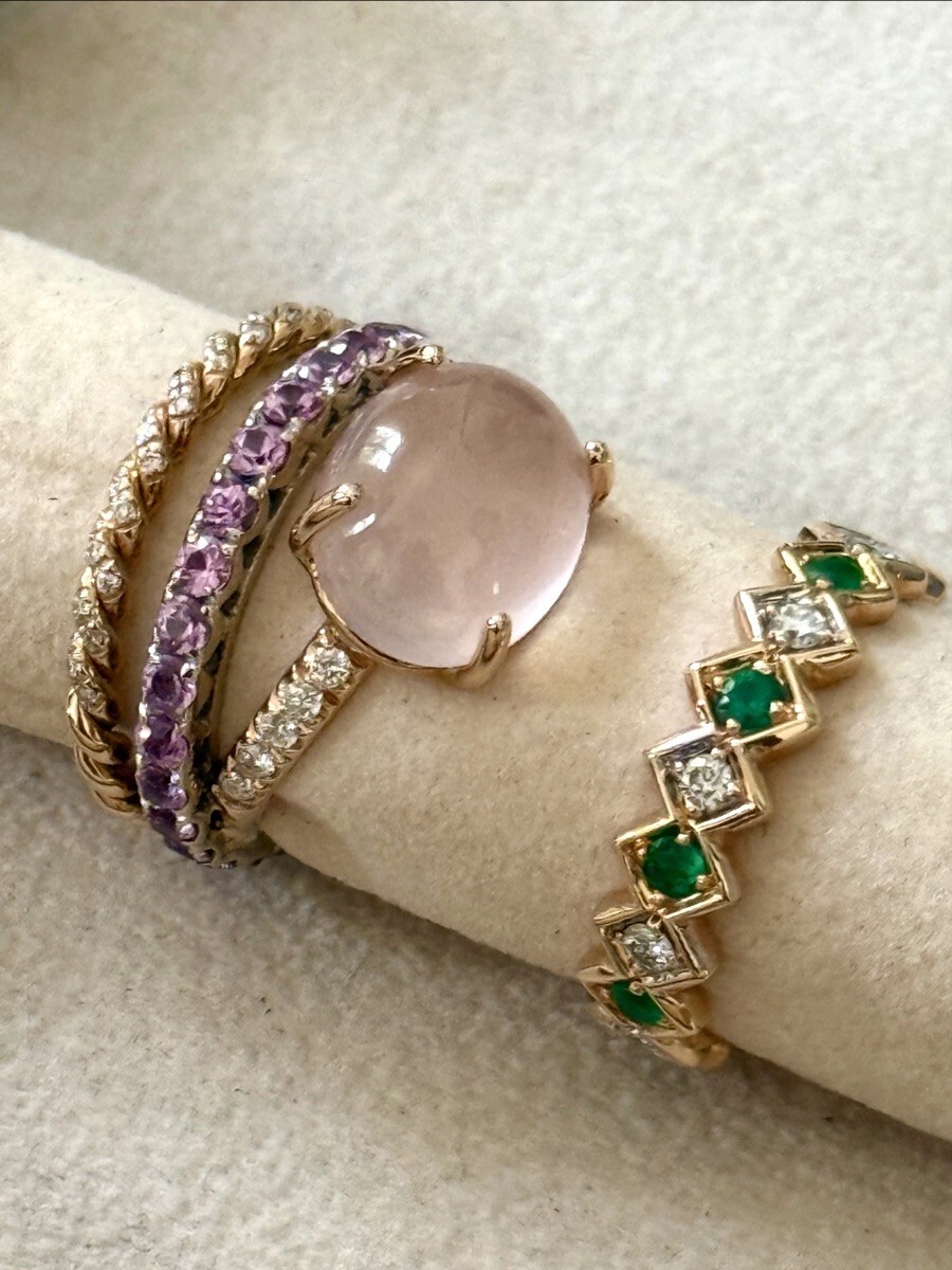 Joalie jewellery with rose quartz, sapphires and emeralds